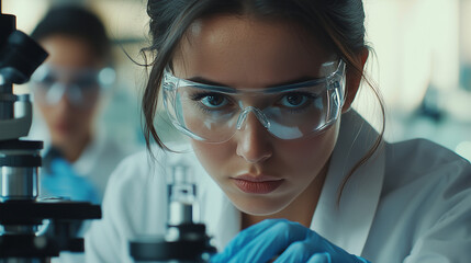 Scientist in lab coat holding vial of experimental drug, with microscope and scientific equipment, symbolizing drug trials and medical research process