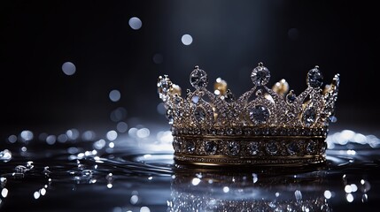 A sparkling crown adorned with jewels sits atop reflective water, illuminated by soft light, symbolizing royalty and elegance.
