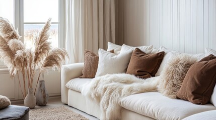 warm and tranquil autumn interior design concept with soft colors and fuzzy pillows creates a cozy vibe, ideal for the colder months