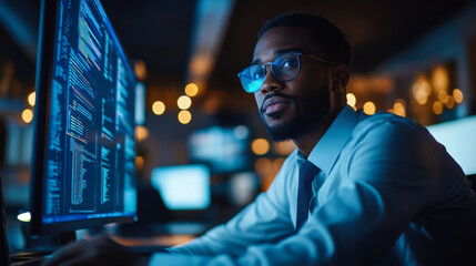 Focused professional coding at night in a modern office environment surrounded by illuminated screens and a relaxed atmosphere