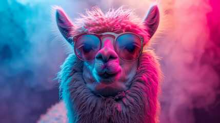 portrait of an alpaca wearing sunglasses, with neon lights, pink and blue colors, and smoke in the background