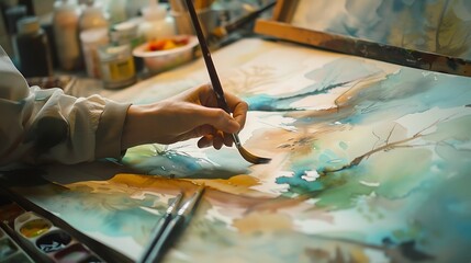 Obraz premium Painting with watercolors in intimate level on a work surface