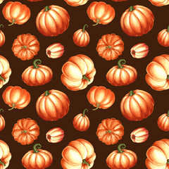 Pumpkins orange. Seamless pattern for decorating Autumn Harvest fest. Hand drawn watercolor illustration isolated. Thanksgiving traditional vegetables. Template for wallpaper, card, wrapping, textile.