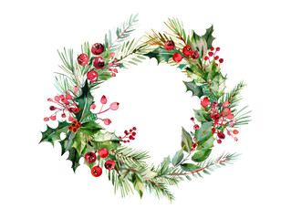 christmas round wreath ring in watercolor style isolated on white or transparent png