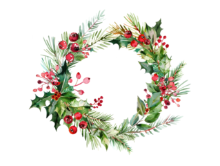 christmas round wreath ring in watercolor style isolated on white or transparent png