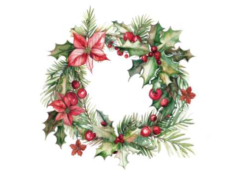 christmas round wreath ring in watercolor style isolated on white or transparent png