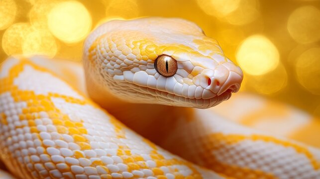 Close-up Portrait of a Yellow Python with Striking Gold Eyes on a Golden Bokeh Background.