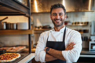 Fototapeta premium Chef standing in a restaurant kitchen with hands crossed 