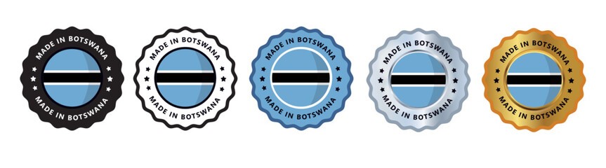 Made in botswana set of sign stamp badge, with varian color blue, silver, gold, black suitable for products manufactured, military, agriculture or food vector illustration eps editable text