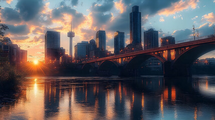 Fototapeta premium A beautiful cityscape with a bridge over a river at sunrise. The sun is shining brightly in the sky and there are clouds in the background.