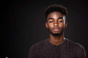 Fototapeta premium A young man poses confidently against a dark background, showcasing a strong expression and fashionable style.