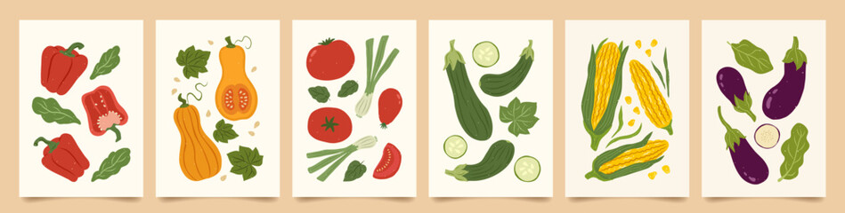 Set of abstract art poster in vegetables. Hand drawn red peppers, pumpkin, tomato and onion, zucchini, corn, eggplant. Vector illustration for card, brochure, cover.