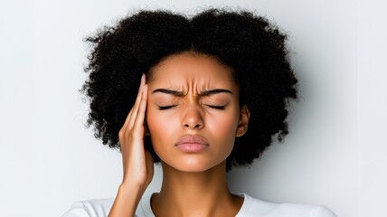 A young woman experiencing discomfort, pressing her temple with a pained expression. Capturing the feeling of stress and tension.