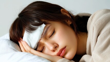 A young woman resting with a cold compress on her forehead, illustrating feelings of illness and fatigue.