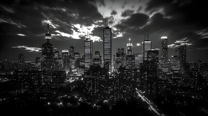 A black and white aerial view of a city skyline with tall buildings and a cloudy sky.