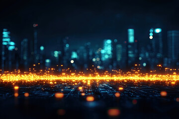 Obraz premium A vibrant cityscape featuring glowing lights and a dynamic abstract backdrop, perfect for technology and nightlife themes.