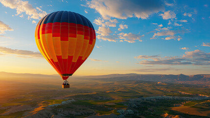 Obraz premium A vibrant hot air balloon soaring above picturesque landscapes during a breathtaking sunset.