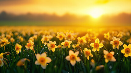 Fototapeta premium A vibrant field of blooming daffodils under a golden sunset, capturing the essence of spring's beauty and renewal.