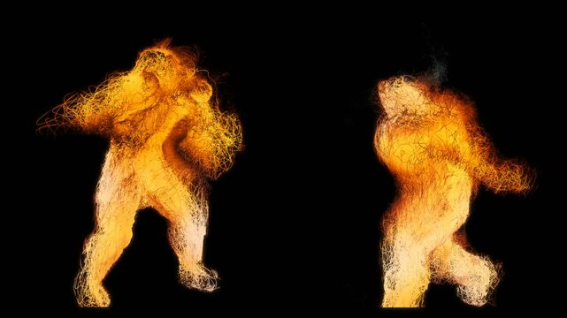 3d Animation of two fire spirit warriors fighting