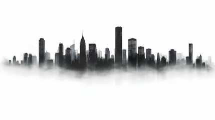 Fototapeta premium A black and white silhouette of a city skyline emerging from a sea of fog, capturing the essence of urban life and the fleeting nature of clouds.