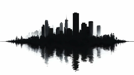 Fototapeta premium A black and white silhouette of a city skyline reflected in the water.