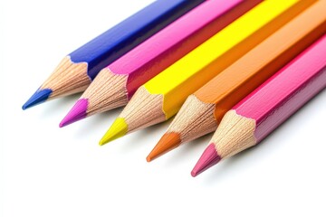 Fototapeta premium Colorful arrangement of sharpened colored pencils on a white background, perfect for art and education-related projects and designs.. Beautiful simple AI generated image