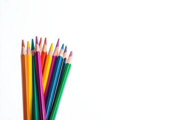 Fototapeta premium Crayons - colored pencil set loosely arranged on white background. colored pencils are not arranged exactly in a row.. Beautiful simple AI generated image