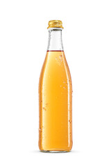 Glass bottle showcases a sparkling orange drink, filled to the brim with water droplets isolated....