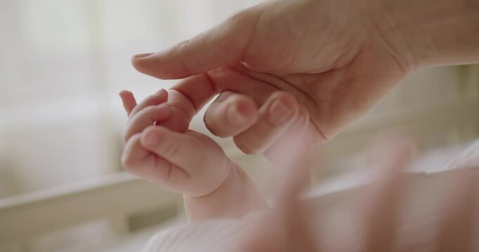 Closeup on baby cute tiny hand gripping mother finger. Cropped view on mom tenderly touching and hold newborn hand. Maternity concept