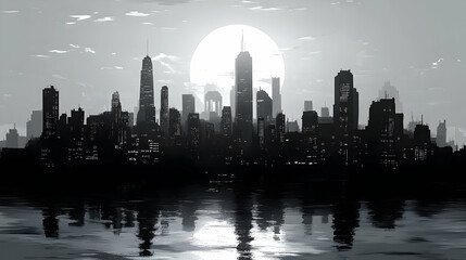 Naklejka premium A black and white silhouette of a city skyline with a large, bright sun rising over it, reflected in the water.