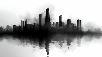 Fototapeta premium A black and white silhouette of a city skyline with a reflection in the water. The city is surrounded by fog or clouds.