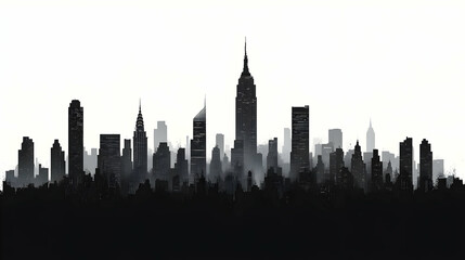 Obraz premium A black and white silhouette of a city skyline with a single tall building reaching up into a white sky.