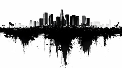 A black and white silhouette of a city skyline with a splatter paint effect at the bottom.