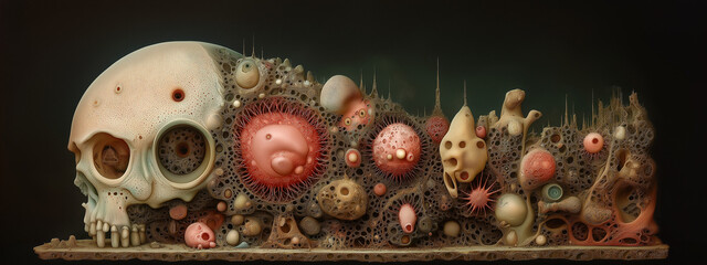 Large Gravestone Decorated with Many Skulls on Black Background. Stylish Halloween Design, Surreal Dark Medieval Aesthetic, Psychedelic 3D Art, Spooky Sculpture. Modern, Odd, Minimal, Creative, Trendy