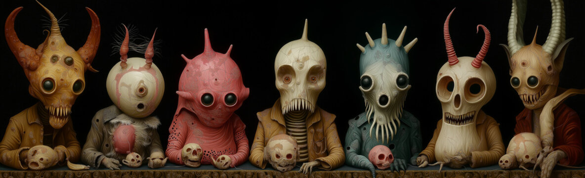 Group of Weird Scary Monster Creatures, Colorful Realistic Figurines on Black Background. Surreal Horror, Alien Animals, Angry Medieval Demons, Bizarre Mutants, Nightmare. Teeth, Eyes, Skulls, Horns