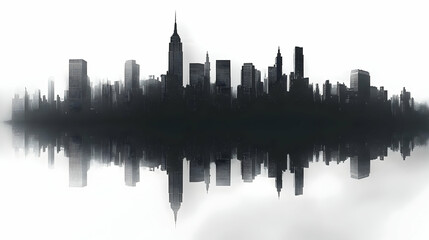 A black and white silhouette of a city skyline with reflections on water, against a white background.