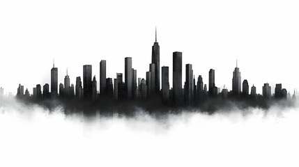 Fototapeta premium A black and white silhouette of a city skyline with clouds at the bottom.