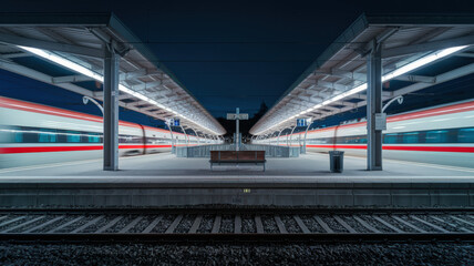 Fototapeta premium A night photo of a modern train station platform. A high-speed train with a vibrant red and white color scheme is captured in motion, blurred as it moves across the platform. The station has a covered