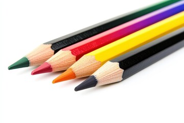 Fototapeta premium Close-Up of Colored Pencils Arranged in a Row on White Background. Beautiful simple AI generated image