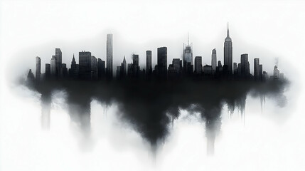 Fototapeta premium A black and white silhouette of a city skyline, with the bottom of the buildings dissolving into a cloud of smoke or fog.