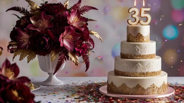 Delicious festive sweet cake with candle number 35, elegant flowers card holiday