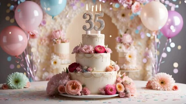 Delicious festive sweet cake with candle number 35, elegant flowers card holiday