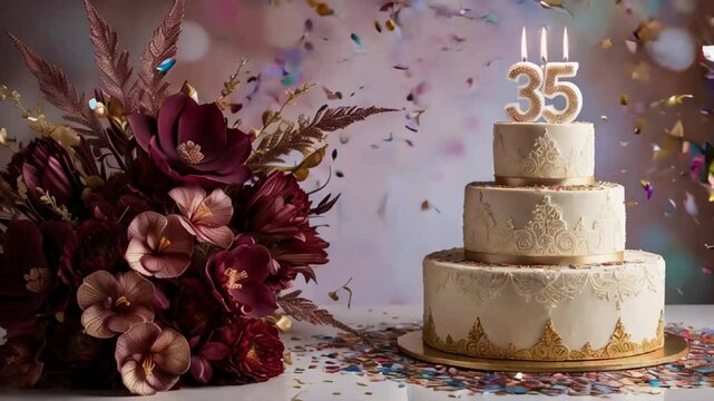 Delicious festive sweet cake with candle number 35, elegant flowers card holiday
