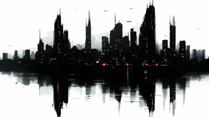 Fototapeta premium A black and white silhouette of a futuristic cityscape reflected in water.