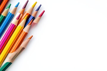 Fototapeta premium Crayons - colored pencil set loosely arranged on white background. colored pencils are not arranged exactly in a row.. Beautiful simple AI generated image