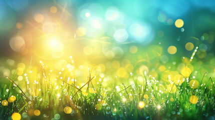 Obraz premium Sunlight shining on a dewy grassy field with bokeh effects.