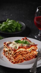 lasagna on plate  decorated with basil. phone wallpaper vertical image.close up view.  ai generated