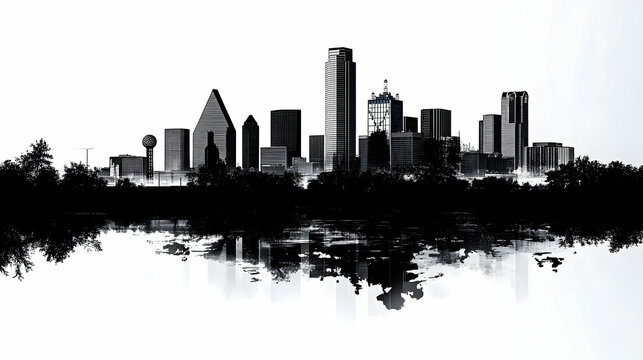 A black and white silhouette of the Dallas skyline with a reflection in the water.