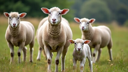 Obraz premium Sheep and lambs in field