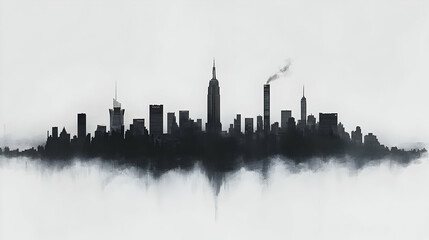 Obraz premium A black and white silhouette of the New York City skyline with smoke rising from a building, set against a misty background.
